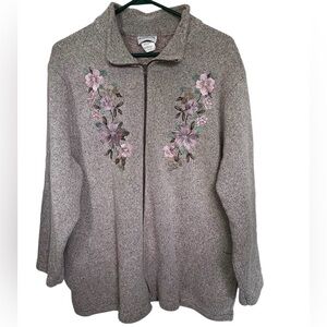 BonWorth Zipper Cardigan Sweater Jacket Pink Dogwood Flower Embroidered L Petite